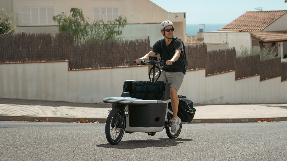 Tern-Lastenrad mit Fahrer auf einer sonnigen Straße