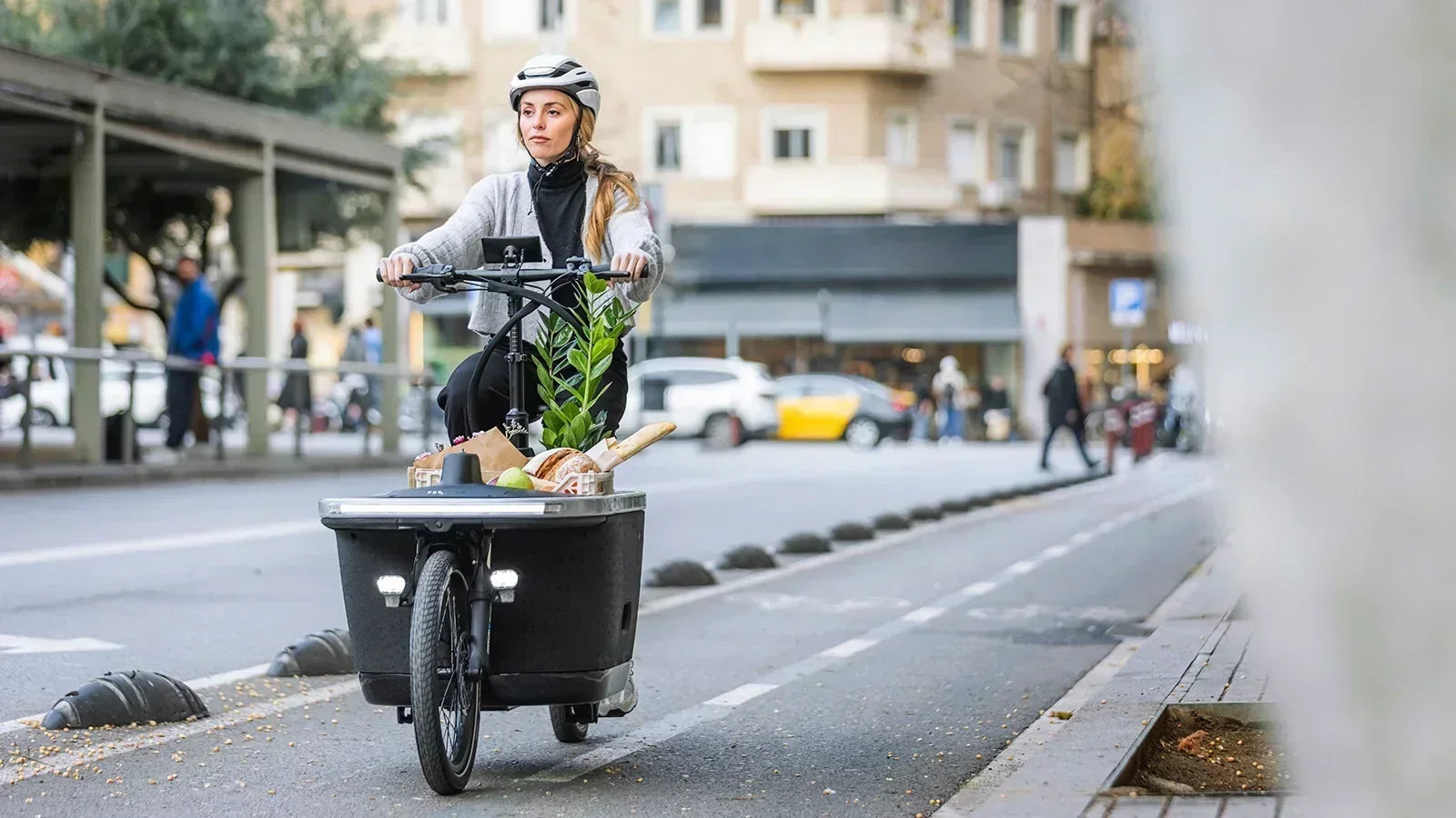 Woman riding a TARRAN electric cargo bike with groceries through the city
