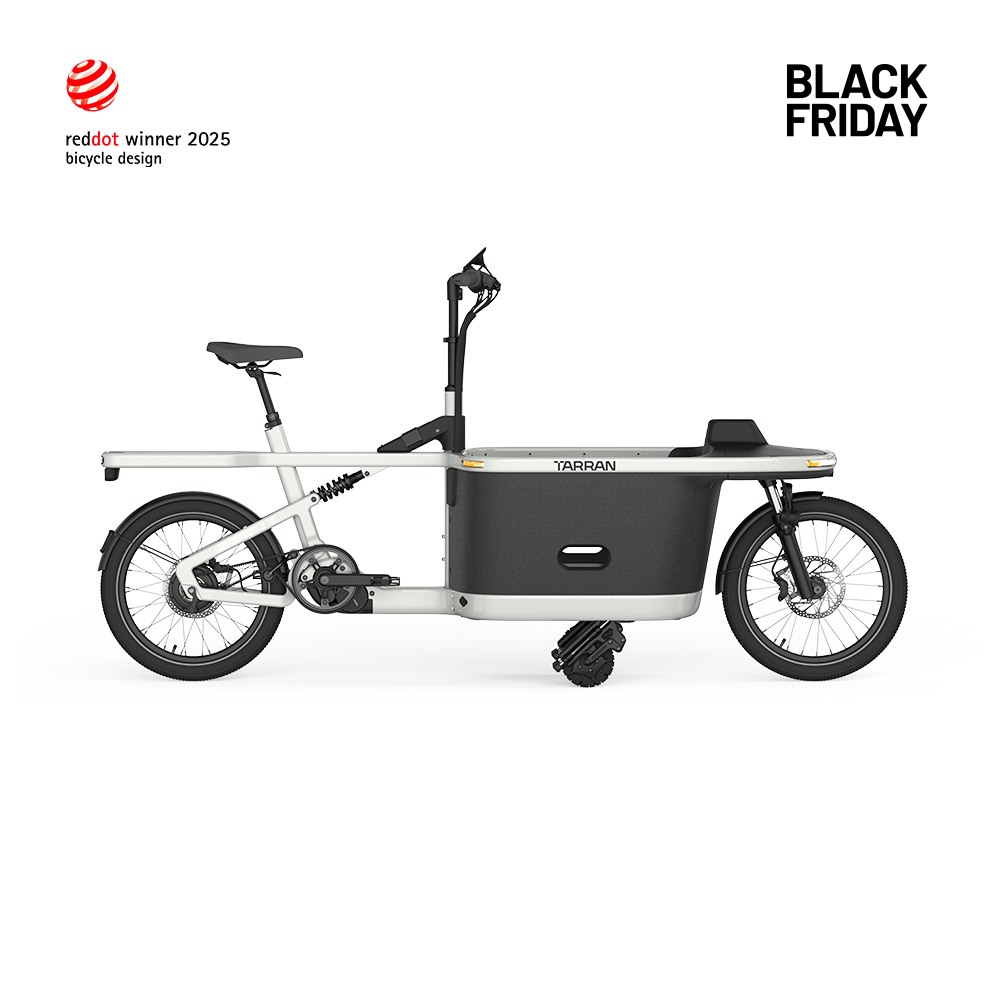 TARRAN T1 Pro e-cargo bike, silver and black, Red Dot winner 2025