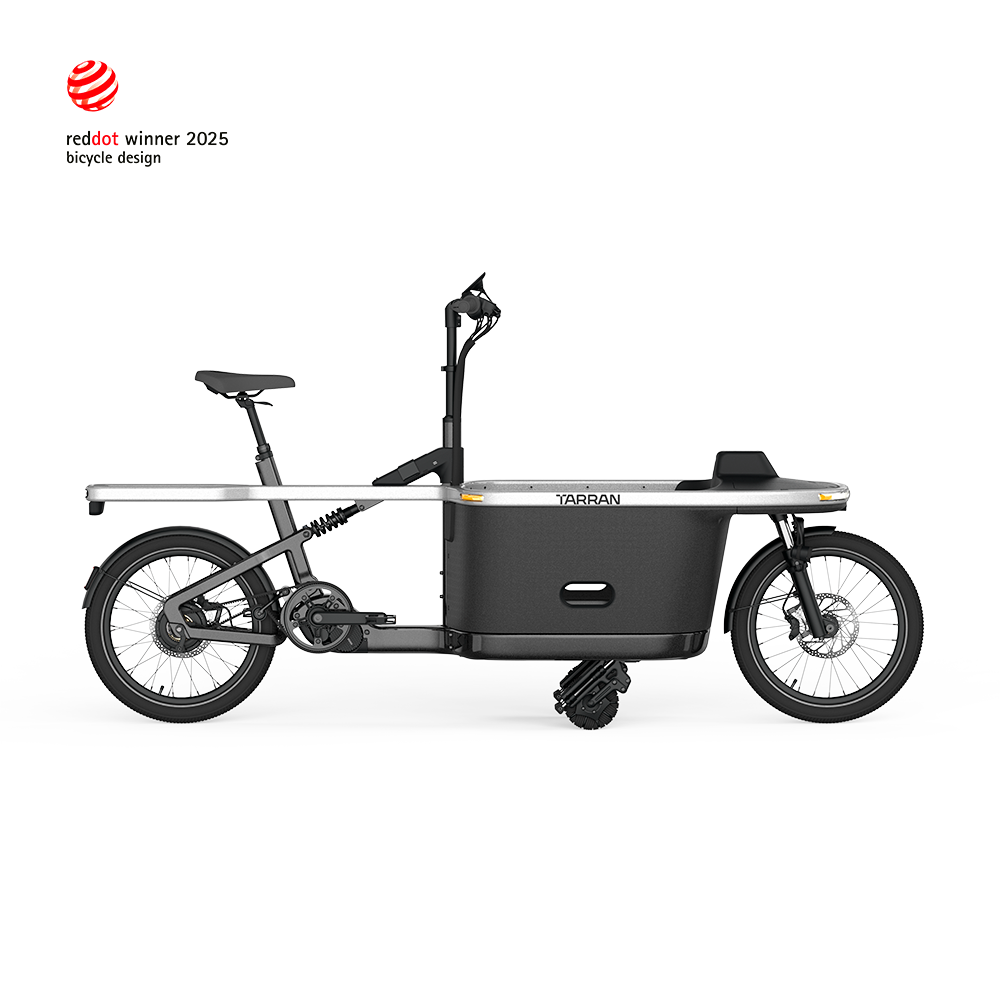 TARRAN T1 Pro electric cargo bike in Stardust Silver & Black, a Red Dot winner.
