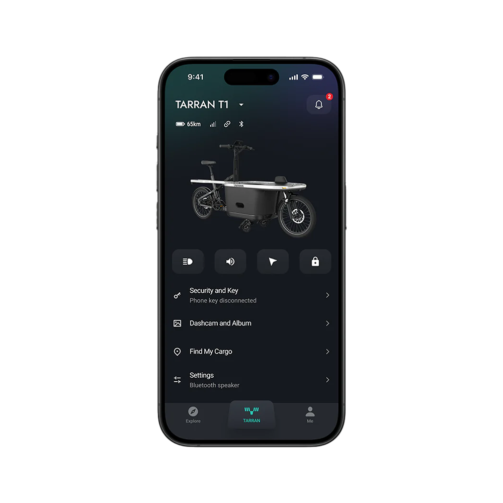 Tarran T1 app interface showing e-bike controls: security, dashcam, find my cargo, and settings.
