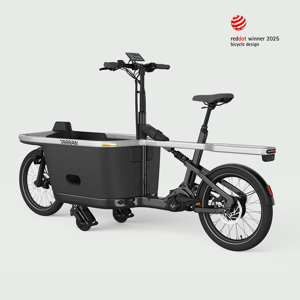 TARRAN T1 Pro e-cargo bike in Stardust Silver & Black, a reddot winner 2025 bicycle design.