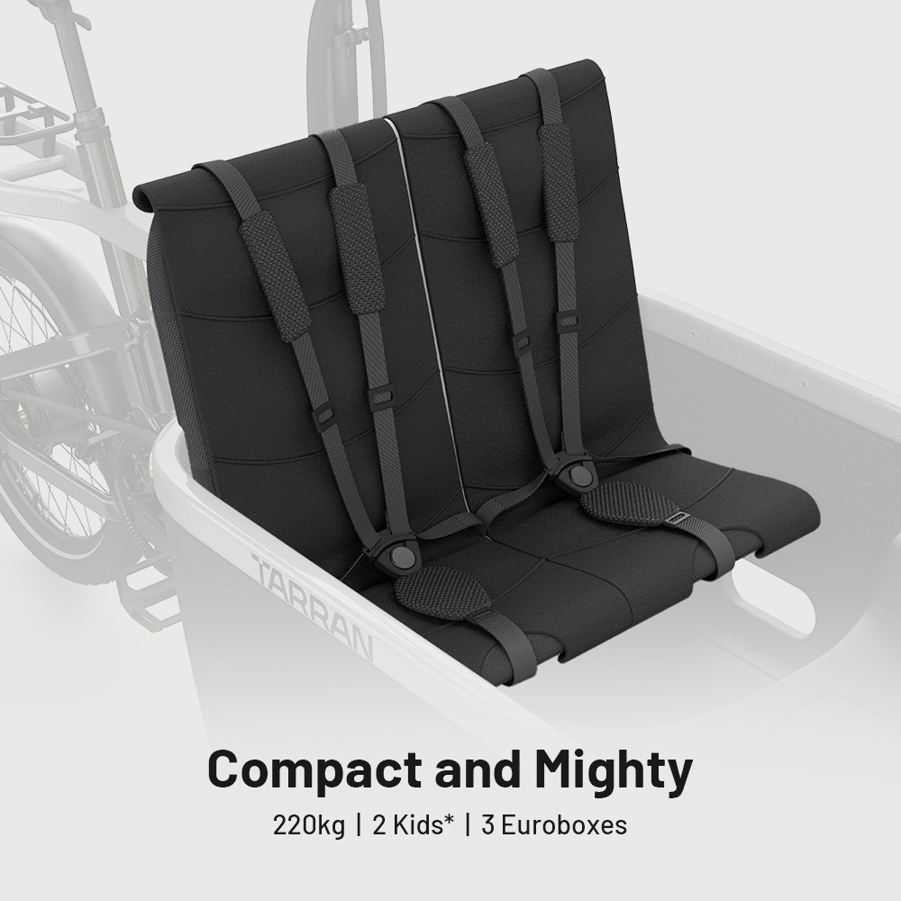 TARRAN T1 Pro cargo bike seat for two children with safety harnesses and 220kg capacity.