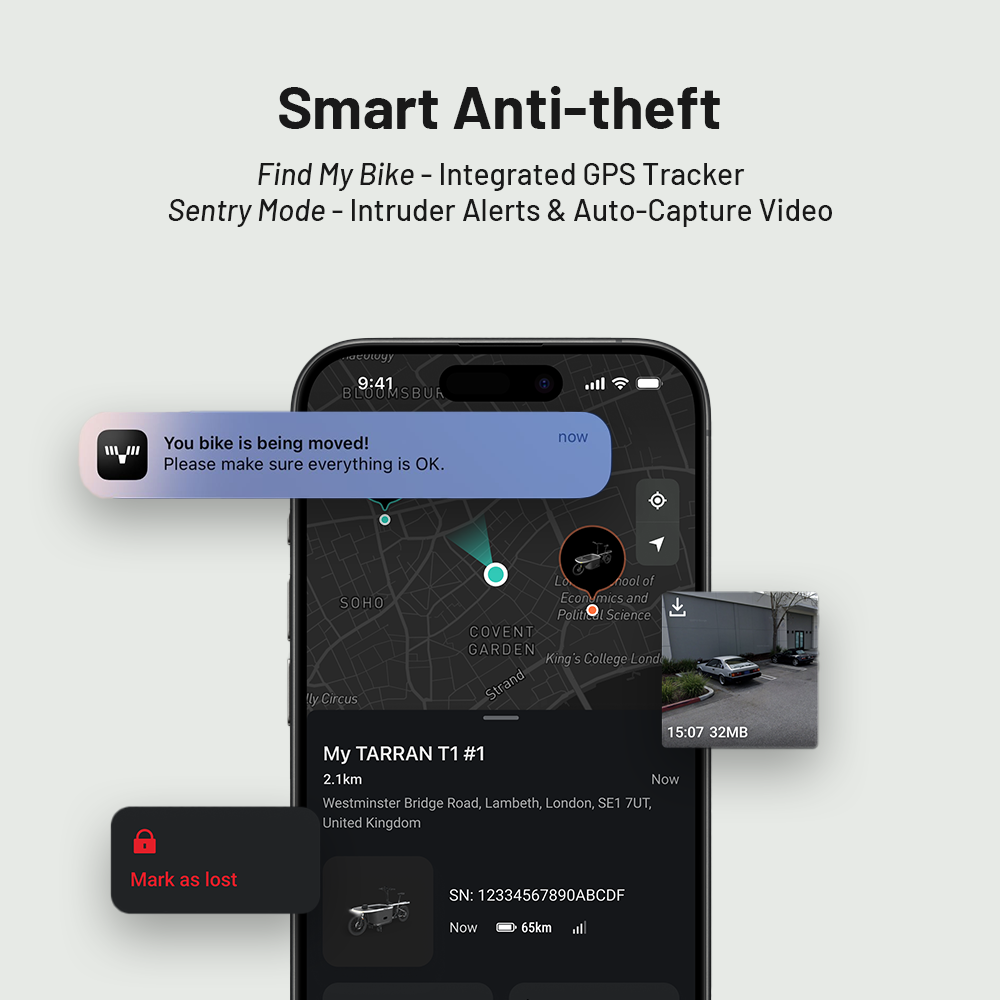 TARRAN T1 Pro smart anti-theft features: phone screen showing GPS tracking, bike movement alert, and captured video.