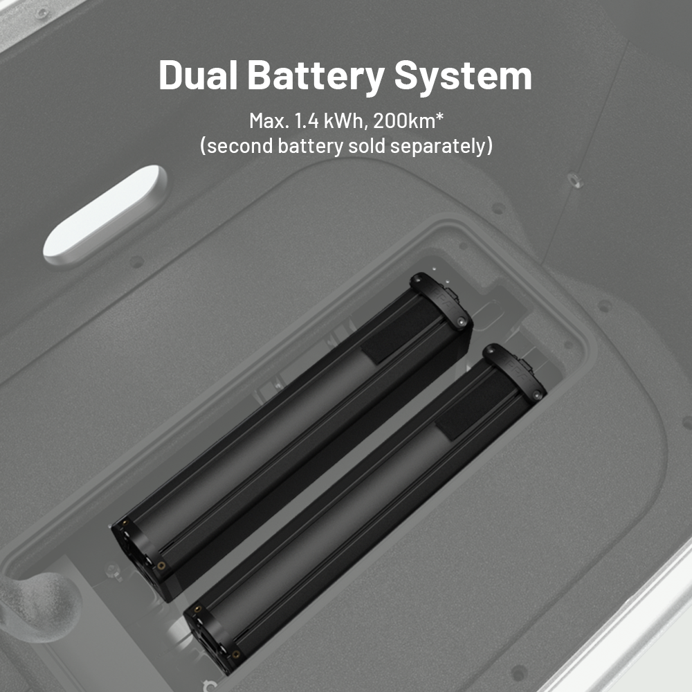 TARRAN T1 Pro dual battery system with two black batteries, max 1.4 kWh, 200km range.