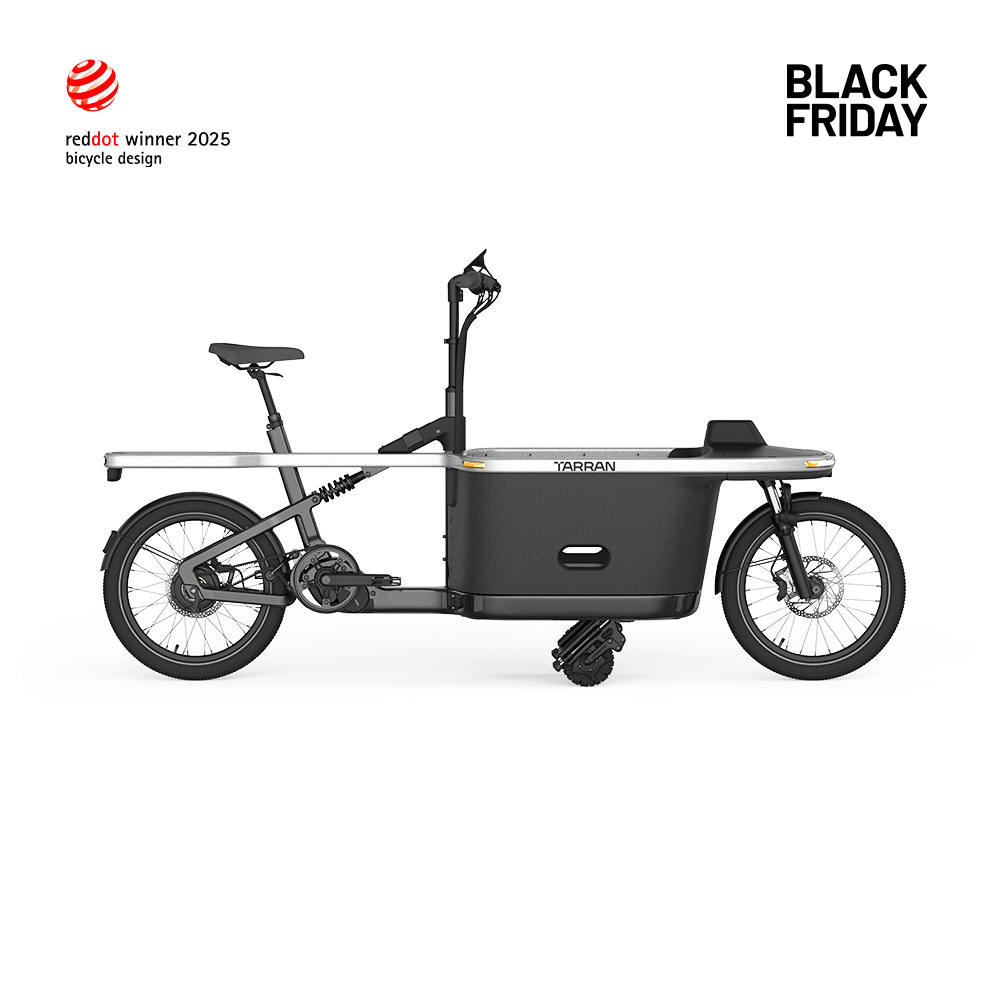 TARRAN T1 Pro e-cargo bike in Stardust Silver & Black, featuring Red Dot winner 2025 bicycle design and Black Friday.