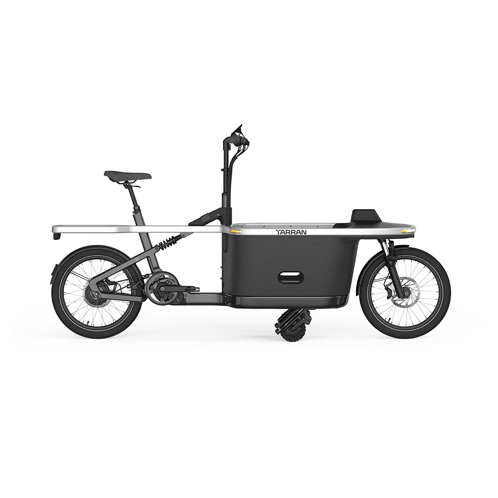 TARRAN T1 Pro cargo e-bike in Stardust Silver & Black, featuring dual drive landing gear and front cargo box.