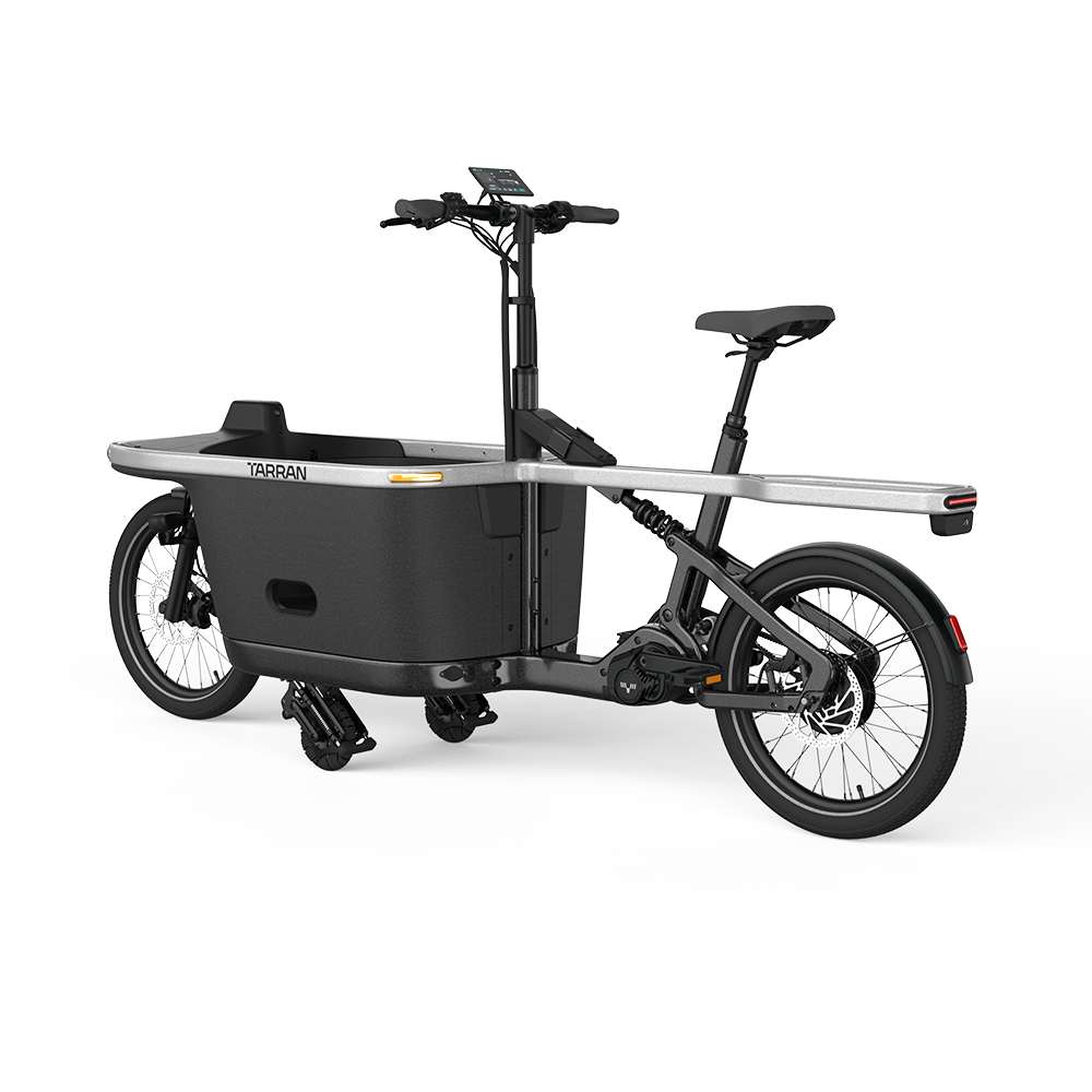 TARRAN T1 Pro e-cargo bike in Stardust Silver & Black with deployed landing gear and cargo box.