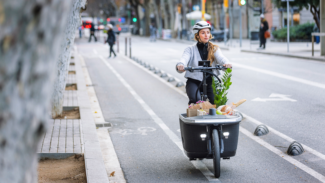 Woman riding cargo e-bike with groceries on city street