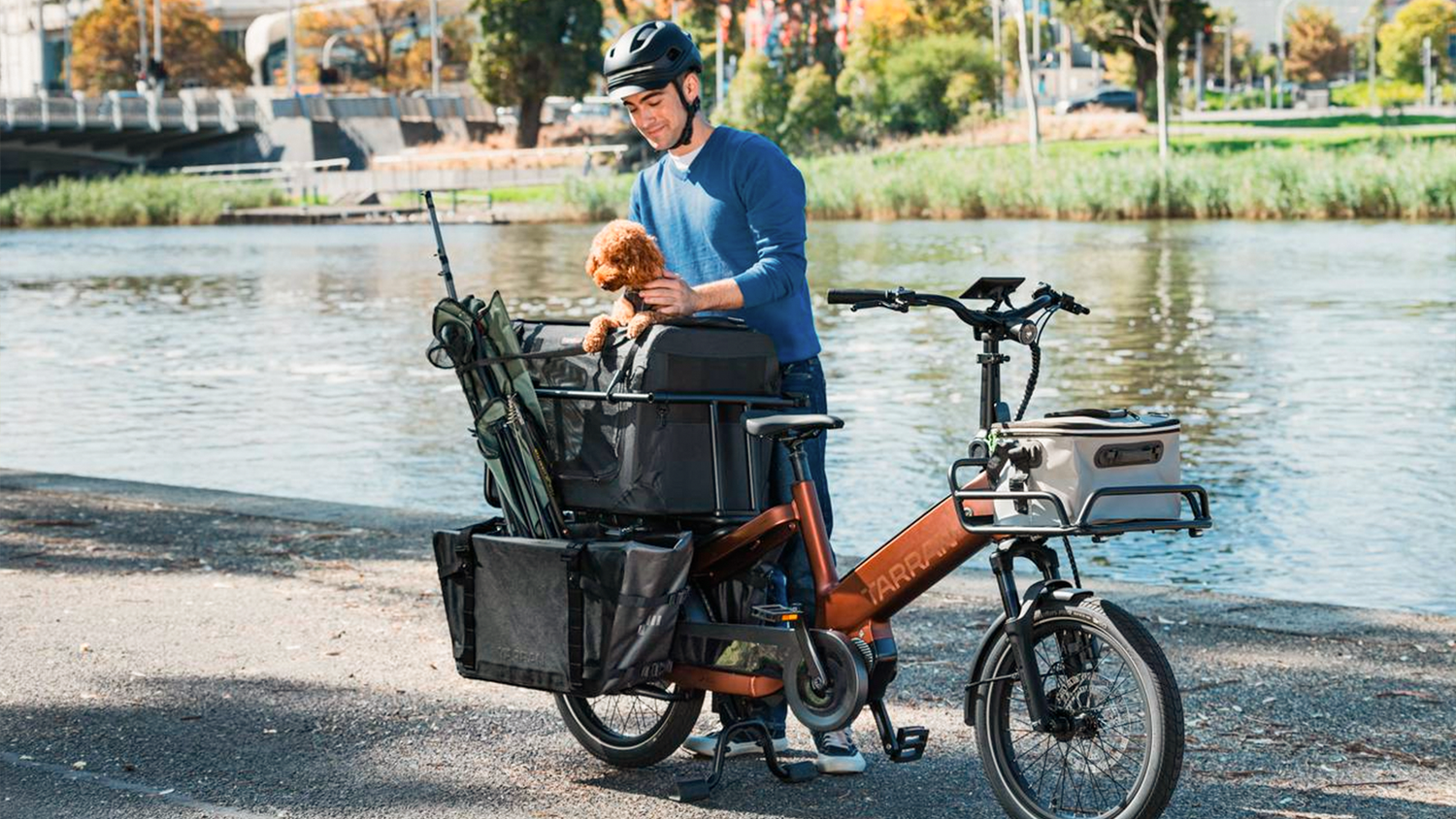 Mand, der klargør en lille hund på en TARRAN-ladcykel