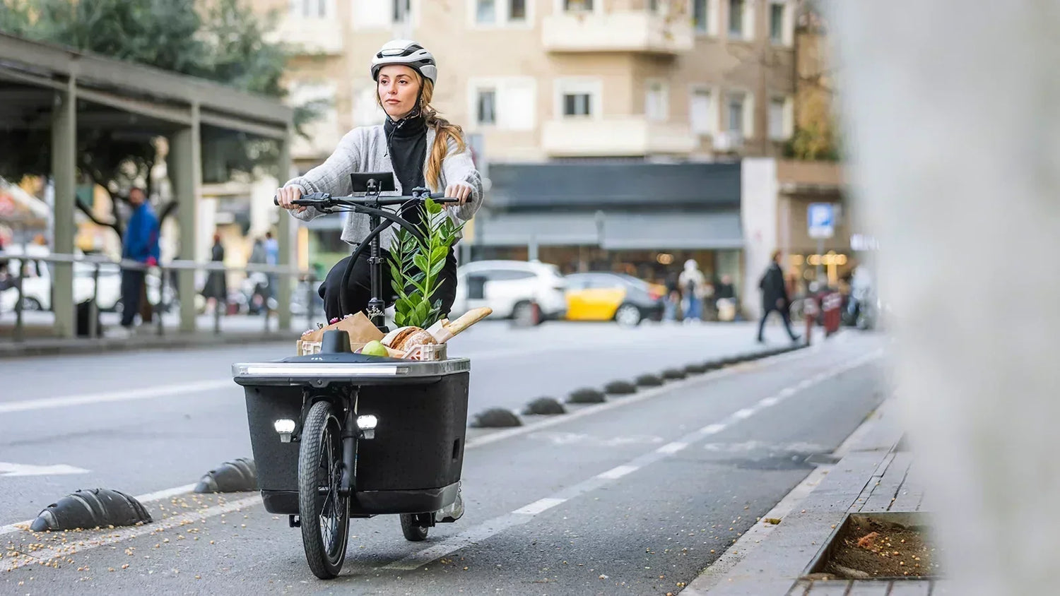 Woman riding a TARRAN electric cargo bike with groceries through the city